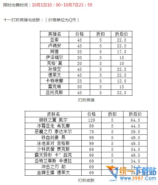 lol10月10日半价英雄 英雄联盟lol10.105折英雄/lol10月10号半价