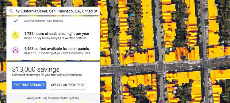 Google显示80%的屋顶阳光都足够到可以装太阳能板