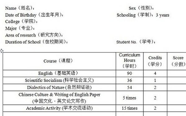 研究生成绩单模板(研究生成绩模板下载) word中英文版