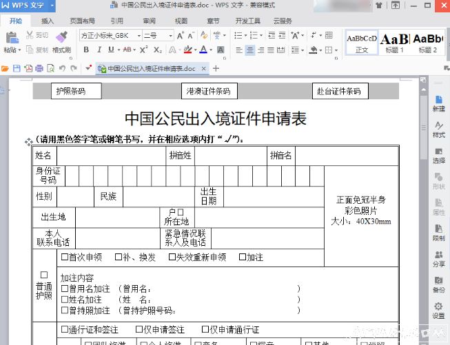 中国公民出入境证件申请表Word模板